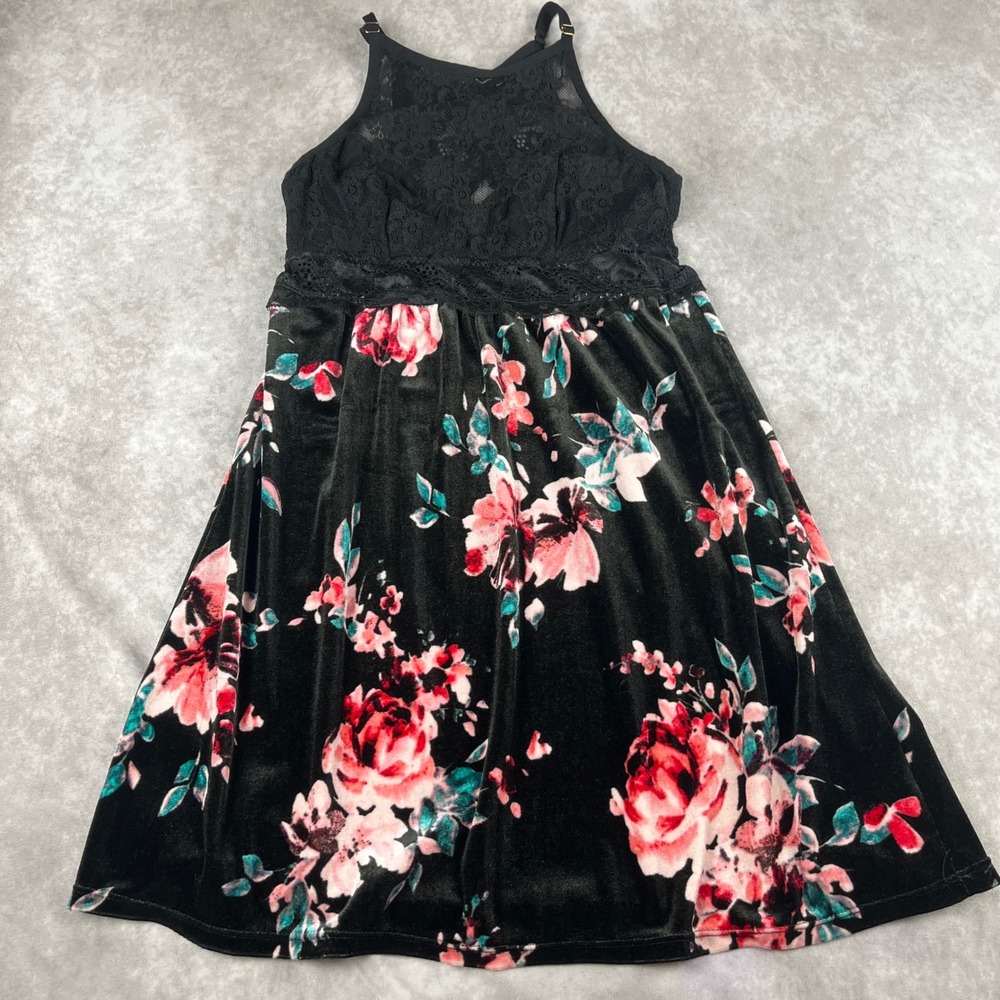 Y2K INC Intimates Slip Dress Black XS Floral Velvet Lace Halter Mini Summer EUC‎